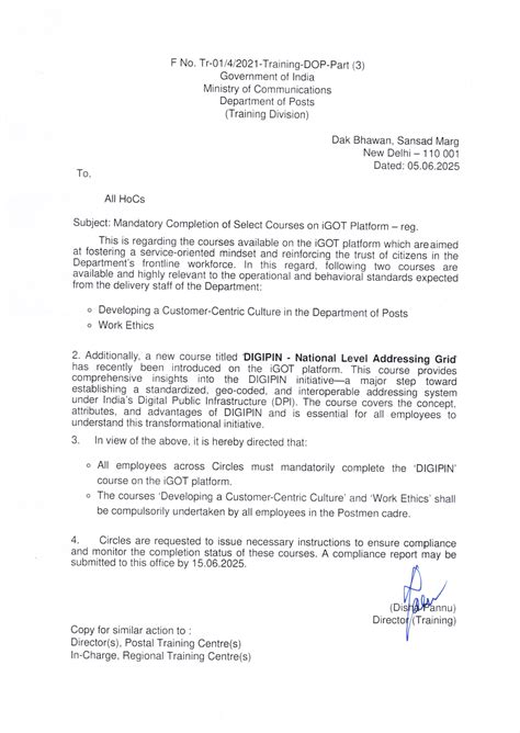 Mandatory Completion of Select Courses on iGOT Platform in Department ...