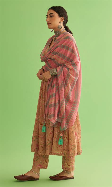 Soraya Floral Beige V Neck Gathered Anarkali Set Of 3 – Ridhiiee Suuri