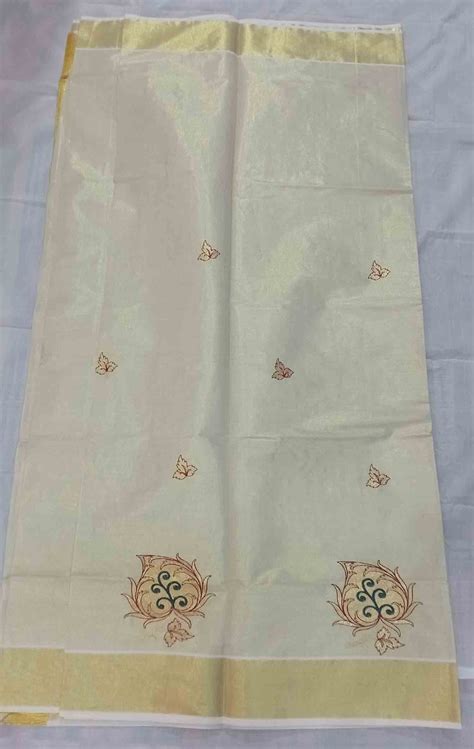 Leaf embroidery designer kerala tissue kasavu saree – Kasavumana Murals