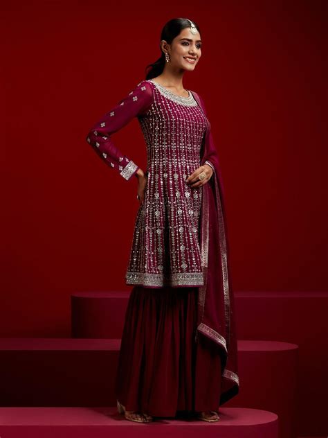 Buy Libas Art Magenta Embroidered Georgette A-Line Sharara Suit Set ...