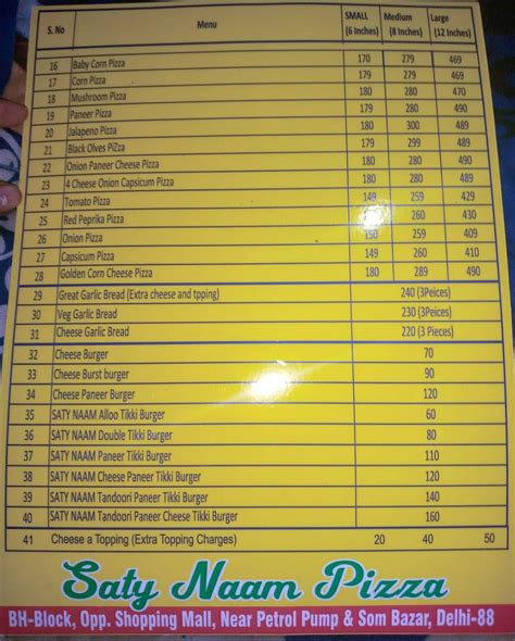 Menu at Saty naam pizza, Delhi