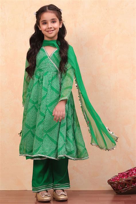 Green Georgette Bandhani Printed Angrakha Suit Set at Biba India