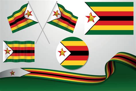 Set Of zimbabwe Flags In Different Designs, Icon, Flaying Flags With ribbon With Background ...