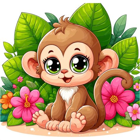 A cute monkey with flowers cartoon vector style illustration | Premium ...