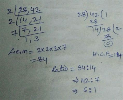 The lcm and the hcf of the numbers 28 and 42 are in the ratio: - Brainly.in