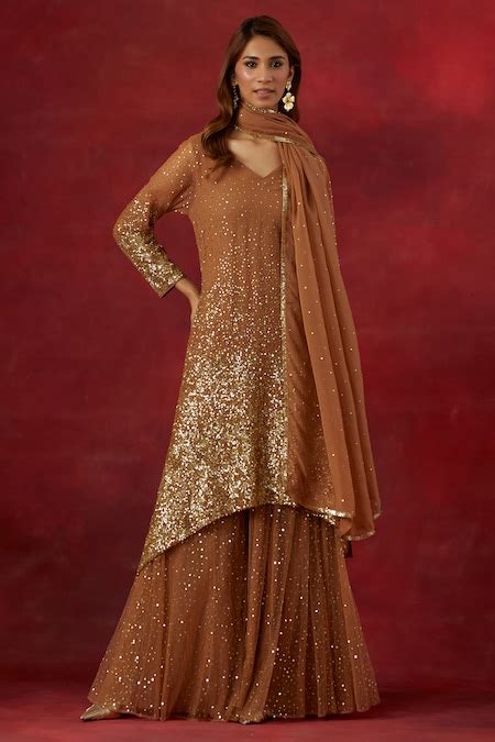 Buy Brown Tissue, Georgette Sequins V-neck Hand Embroidered Sharara Set ...
