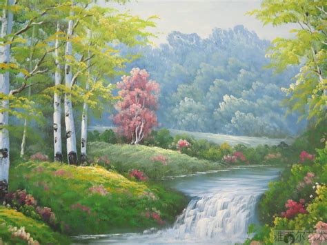 雅西尔艺术 小溪流水风景油画 树林山水风景油画60x90cm_风景520