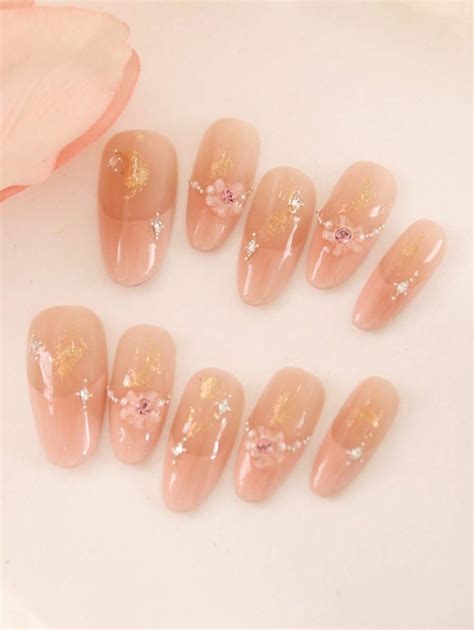 XEERCOOU 10pcs Press On Nails French Style Pink Princess Style Sequin ...