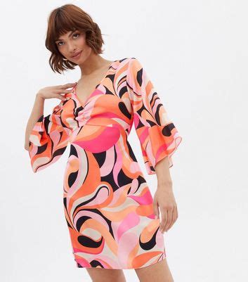 Pink Doodle Print Satin Flared Sleeve Mini Tunic Dress | New Look