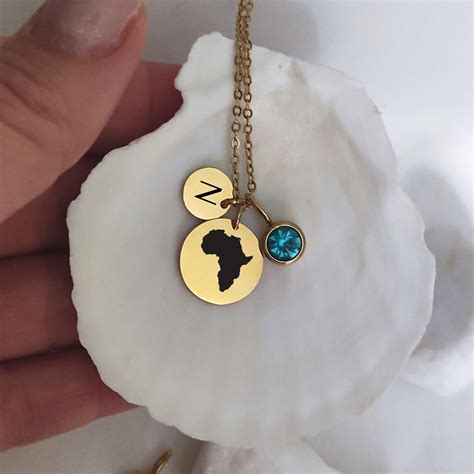 Personalized Africa Map Necklace, Two Disc Birth Stone Letter Pendant, Custom Africa Jewelry ...