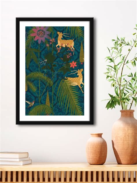 999STORE Green Leaves With Deer And Pink Flower Modern Art Fiber ...