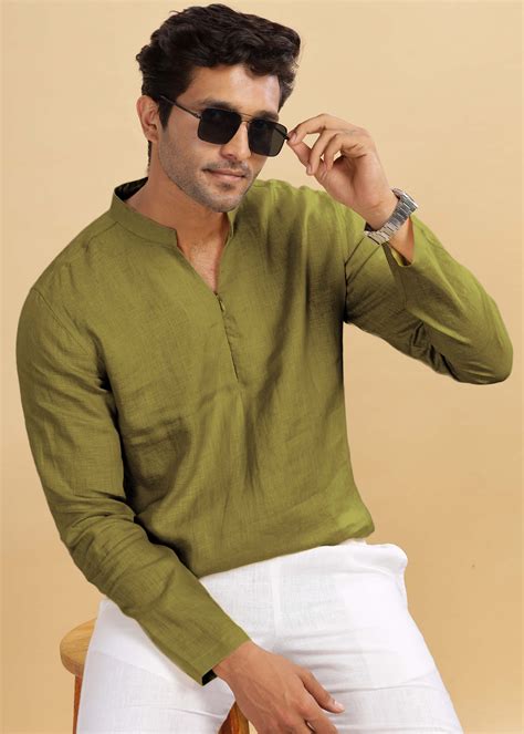 Sap Green Full Sleeve Broad-Notched Collar Pure Linen Short Kurta ...
