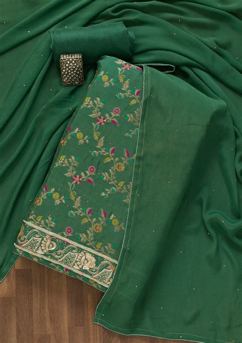 Buy Rama Green Printed Brocade Unstitched Salwar Suit - Koskii