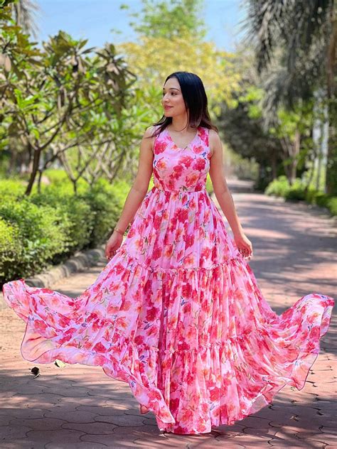 Ploy Georgette Pink Colour Floral Print Dress
