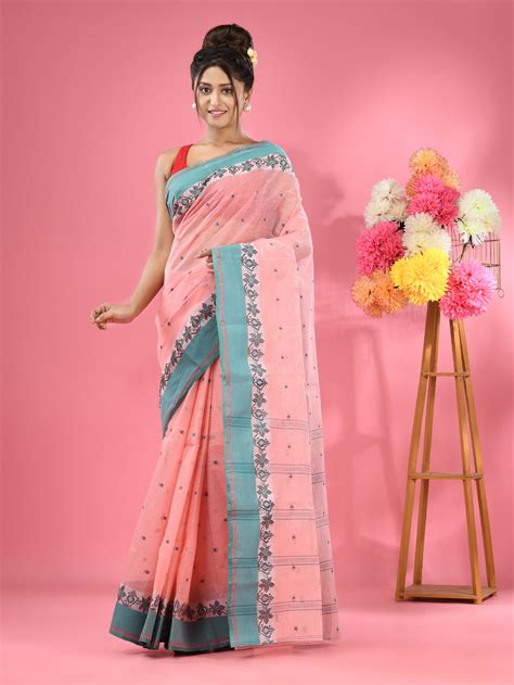 Peach Pure Cotton Taant Saree With Woven Designs – Charukriti