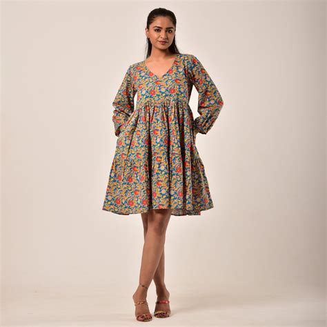 Yellow Flower on Teal Tiered Short Dress – Fashiana