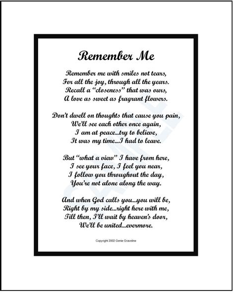 Remember Me, Memorial Poem, DIGITAL DOWNLOAD, Memorial Gift Print ...