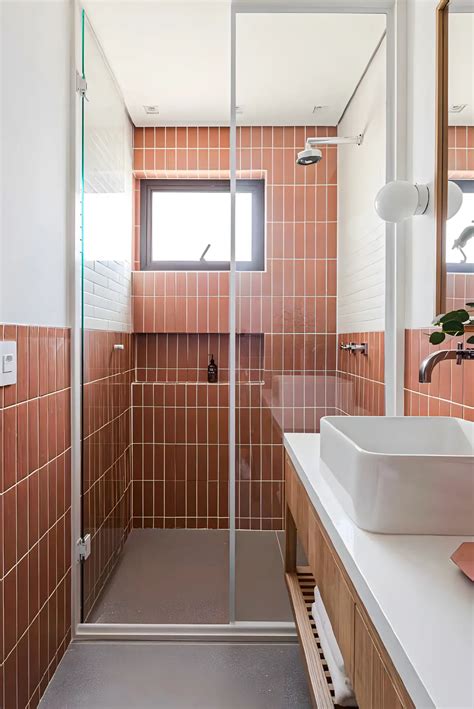 Contemporary Bathroom With Red Subway Tiles With Wooden Laminates