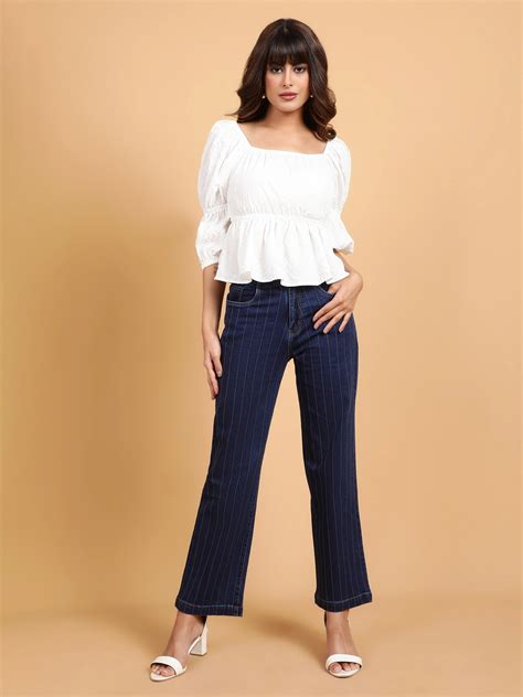 Buy Women High Rise Ankle Length Dark Blue Striped Jeans - Global Republic