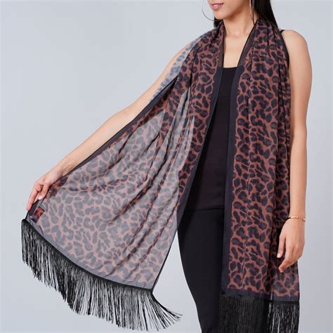 Brown Leopard Print Stole with Fringe – First Resort by Ramola Bachchan