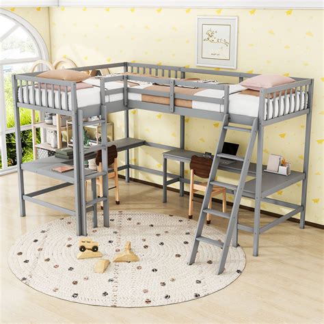 Harriet Bee Kimarri Modern Twin And Twin L-Shaped Loft Bed With 2 Built-In Desks | Wayfair