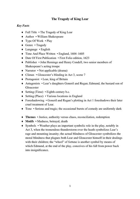 SOLUTION: King lear plot overview character sumary - Studypool