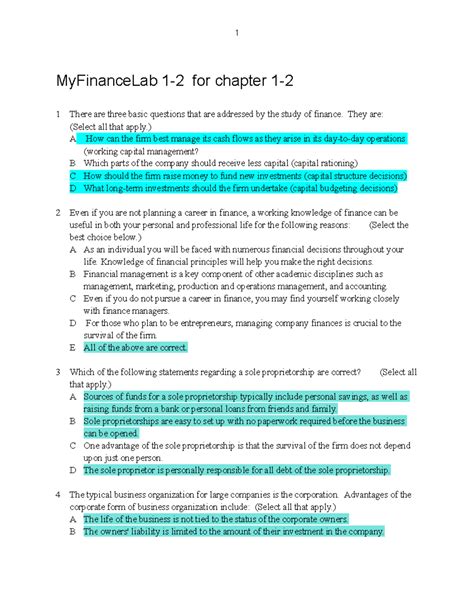 FIN 320 - MyFinanceLab Chapters 1-2 Study Guide - Studocu