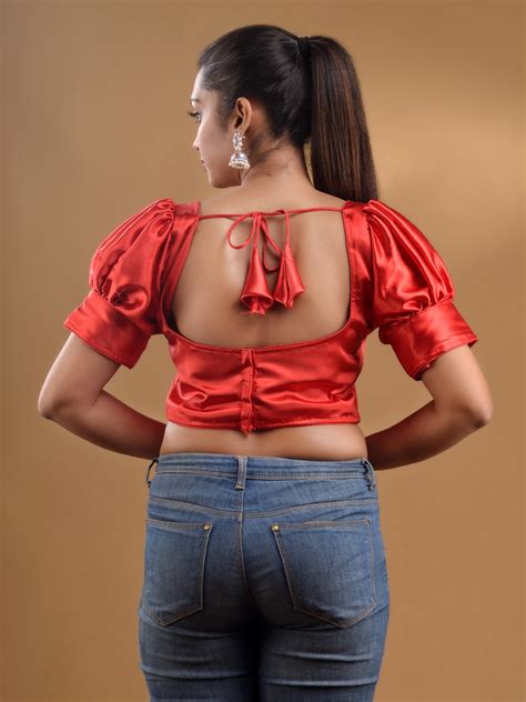 Red Blended Silk Solid Blouse With Puff Sleeves – Charukriti