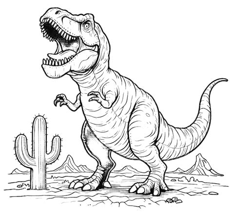 T-Rex Dinosaur Roaring Standing in Landscape with Cactus 🌵🦖🌄 Coloring Page
