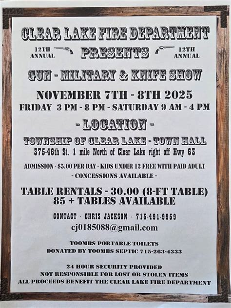 12th Annual CLFD Gun show, 375 46th St. Clear Lake, WI , 7 November ...