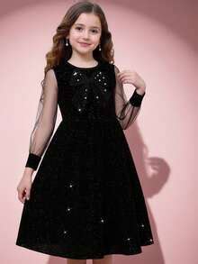 SHEIN Girls' Velvet Sparkly Elegant Dress, Round Neck Long Sleeve ...