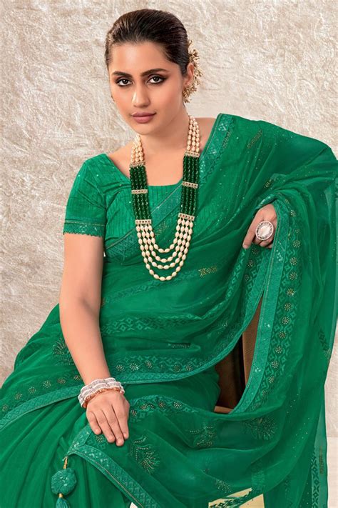 Buy Organza Fabric Party Style Glamorous Saree In Green Color online ...