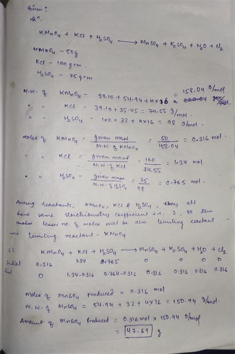 [Solved] Given the equation: KMnO4 + KCl + H2SO4 → MnSO4 + K2SO4 + H2O ...