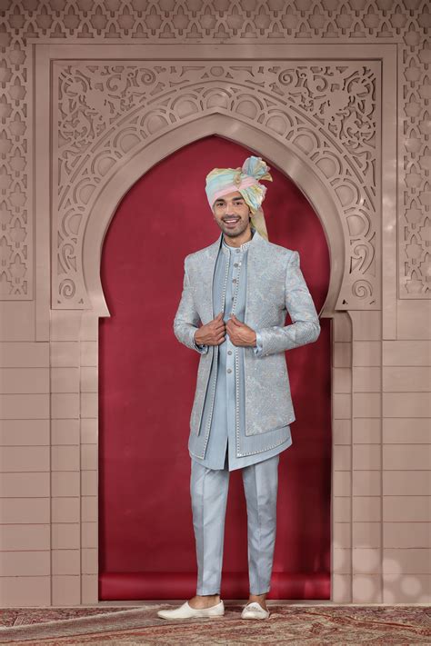 Buy Ice Blue Silk Indo Western with Silver Thread Aari Work | Shreeman