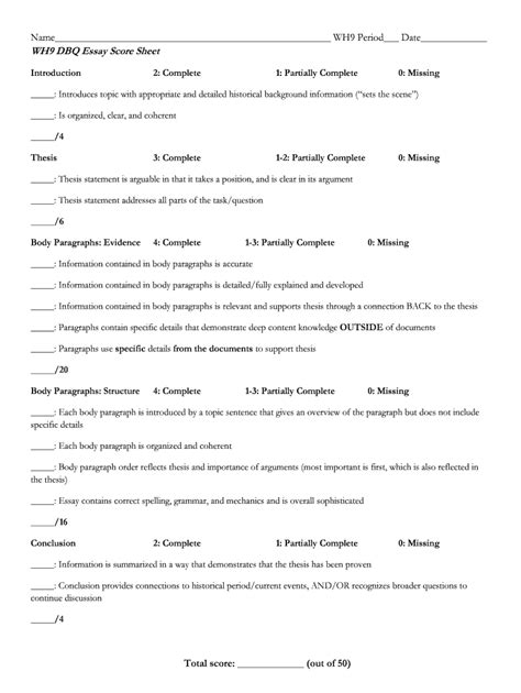 Fillable Online Name WH9 Period Date WH9 DBQ Essay Score Sheet Fax ...