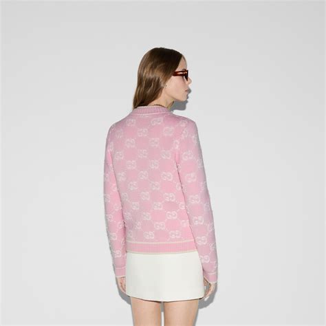 Cardigan in lana jacquard GG bouclé in rosa chiaro e bianco | GUCCI® Italia