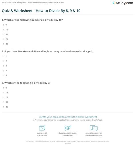 Quiz & Worksheet - How to Divide By 8, 9 & 10 | Study.com