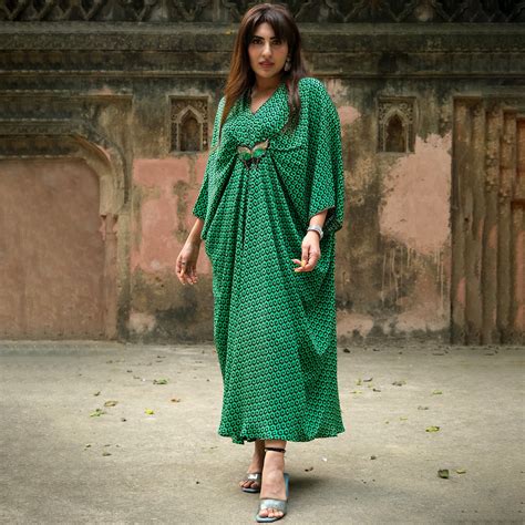 Fluorescent Green Honeycomb Print Silk Full Length Kaftan with Butterf ...