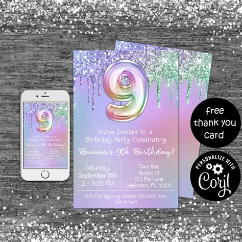 Glitter 9th Birthday Invitation Rainbow Drips Purple Birthday Party ...