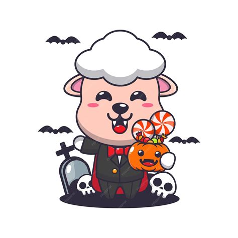 Premium Vector | Vampire sheep holding halloween pumpkin