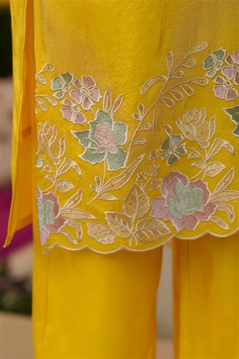 Yellow Shimmer Tissue Floral Embroidered Straight Suit Set – SCAKHI