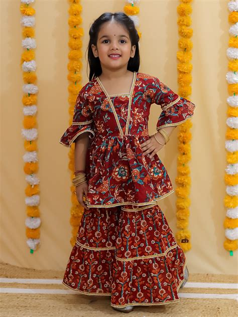 Girls Ethnic Motifs Printed Gotta Patti Pure Cotton Anarkali Kurta wit