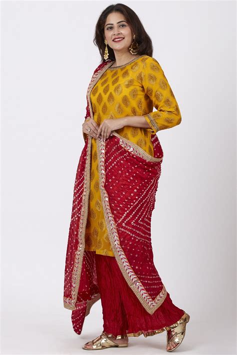 Mangal Mustard Kurti With Crushed Silk Palazzo and Bandhani Dupatta ...