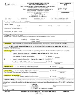 Fillable Online dshs texas REGULATORY LICENSING UNIT M&D TANKER MILK ...