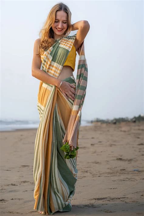 Champagne Charisma Stripe Saree | Bamboo Cotton Saree | I Love Sarees ...