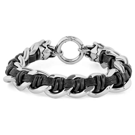 Braccialetto in pelle e acciaio intrecciato con teschi | Disponibile ...
