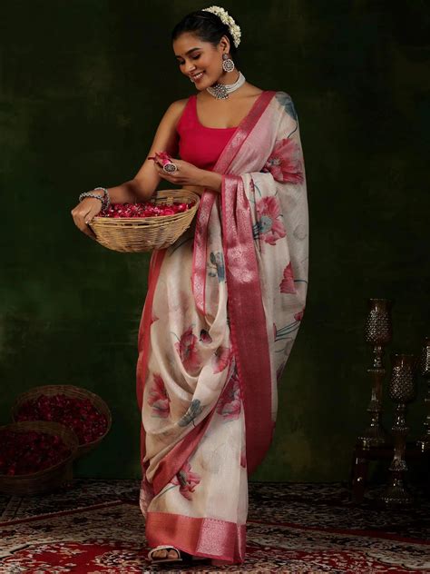 Buy Beige Printed Silk Blend Saree With Unstitched Blouse Piece Online ...