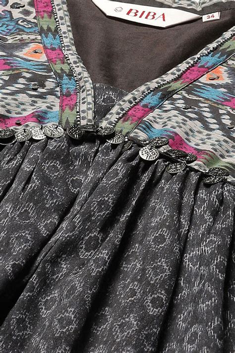 Charcoal Cotton Anarkali Printed Kurta Relaxed Salwar Suit Set