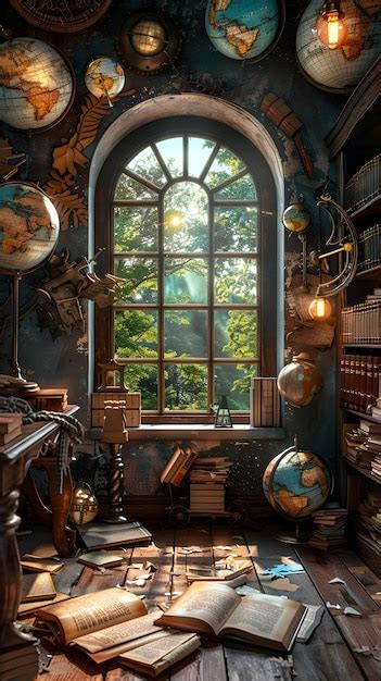 Enchanted classroom photo realistic history teacher w maps books in ...