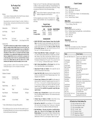 Fillable Online firstarpchurch Church Calendar The Worship of God in ...